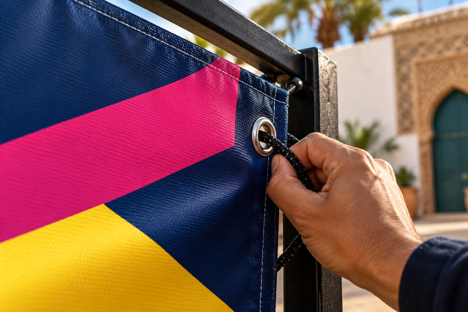 Bâche publicitaire à Casablanca : formats, œillets et pose