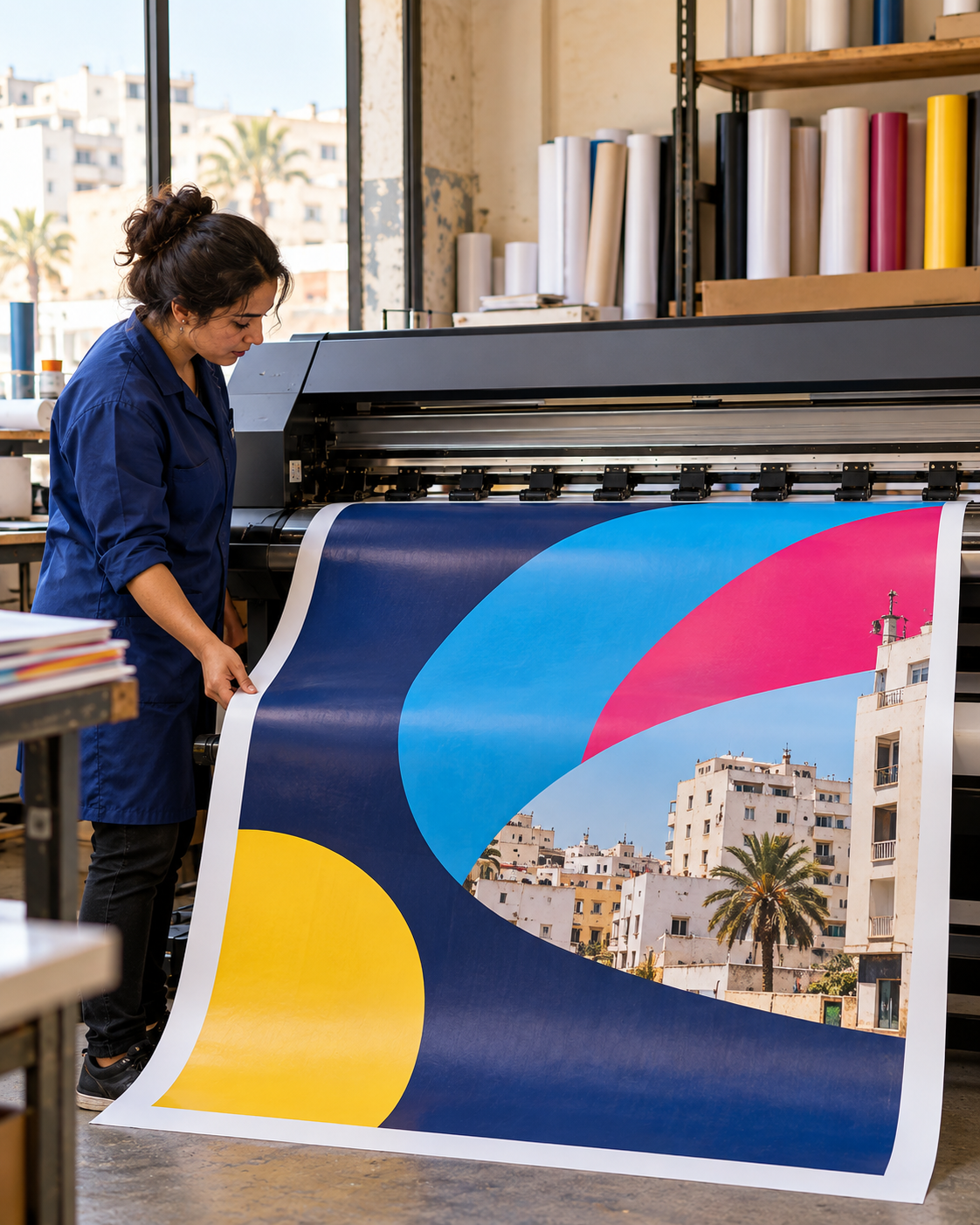 Illustration d’une opératrice vérifiant une impression grand format dans un atelier marocain