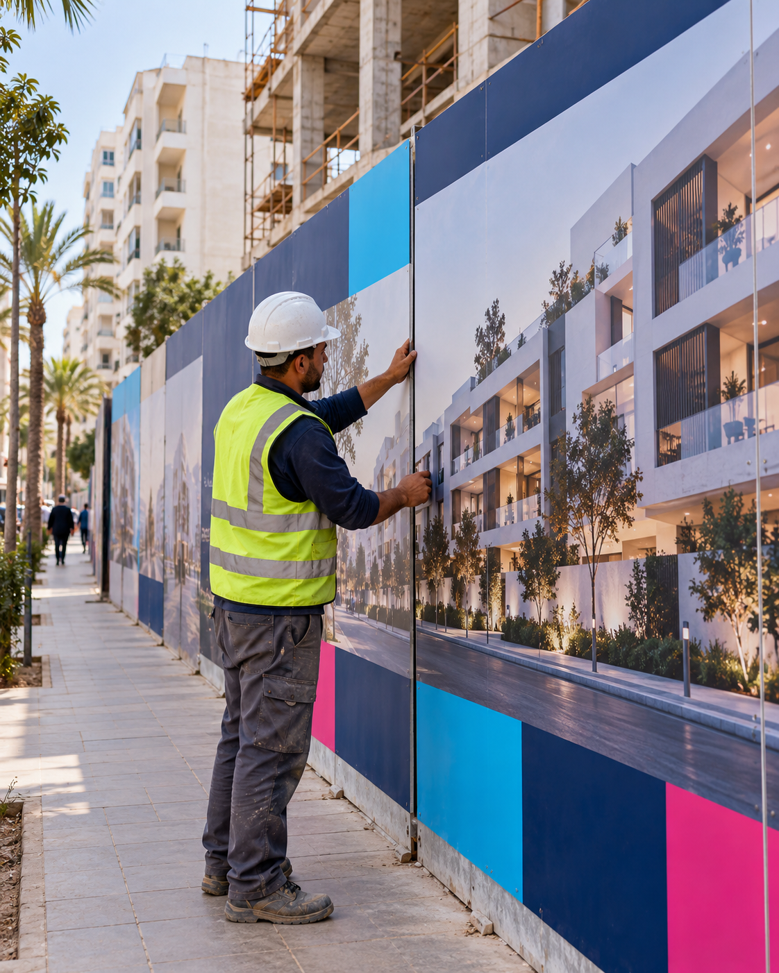 Impression et pose de panneaux sur une palissade de chantier par Imprimerie Casa, imprimerie à Casablanca